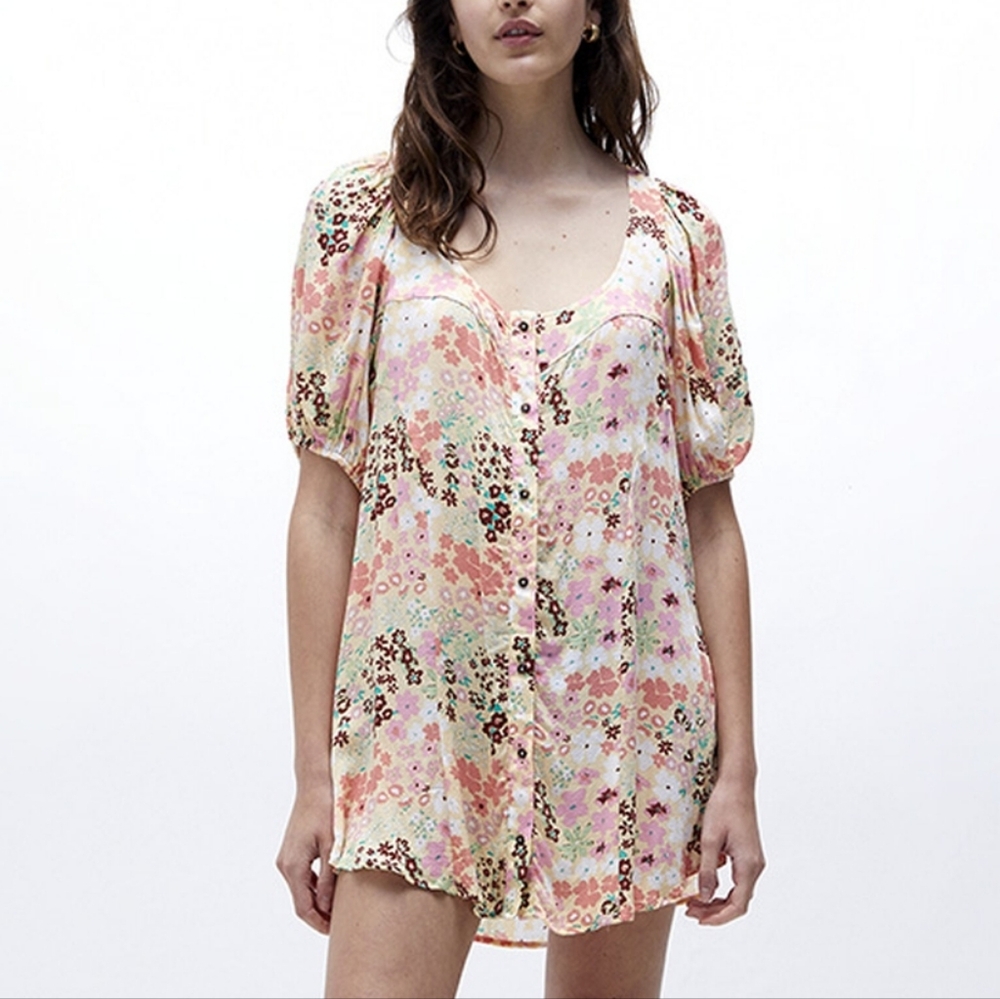 NWT Free People Callie Printed Tunic Dress Pink Floral Boho Puff Sleeve Large
